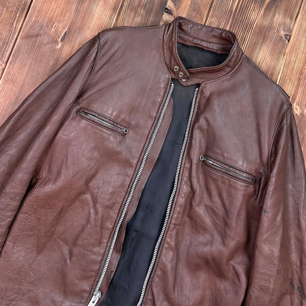 70s Cafe Racer brown leather jacket 40/42 long / large