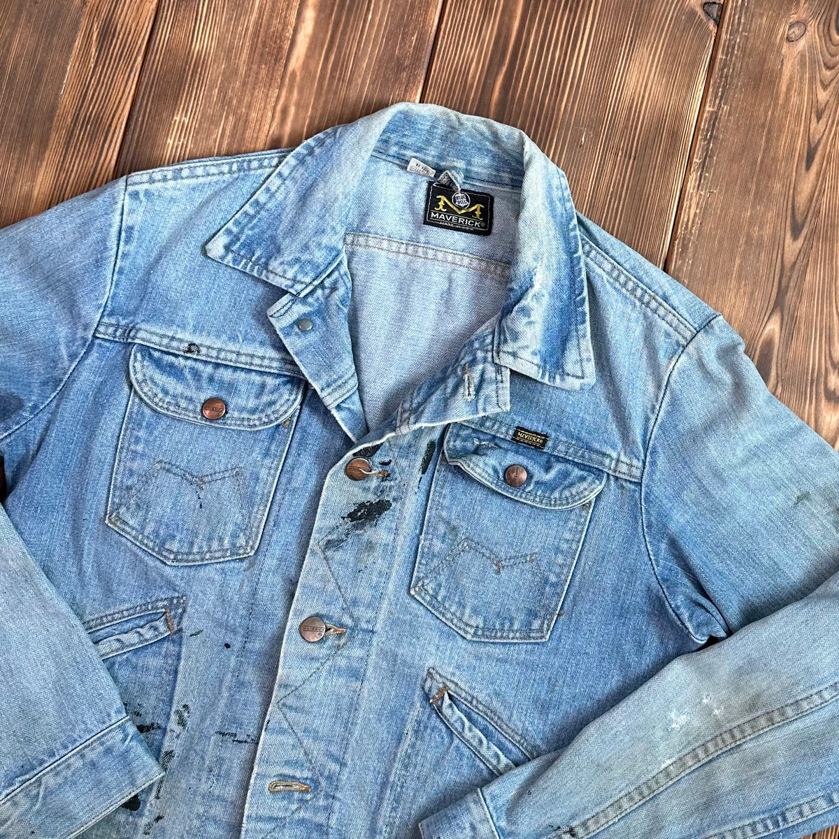 70s Maverick Blue Bell light wash selvedge denim trucker jacket tagged 38 made USA