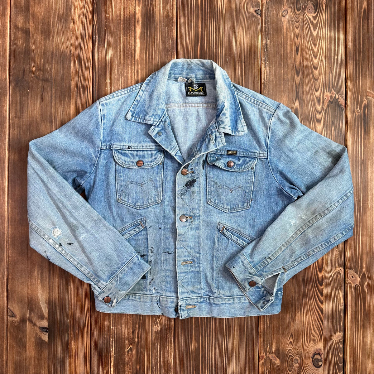 70s Maverick Blue Bell light wash selvedge denim trucker jacket tagged 38 made USA