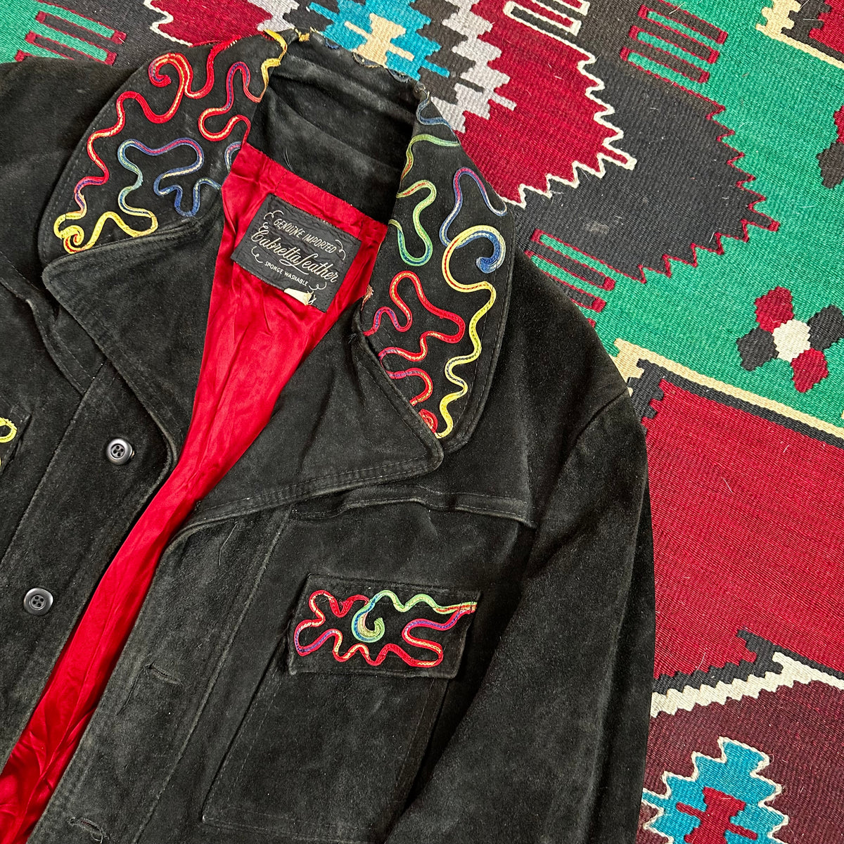 60s black suede with piping detail western trucker style cropped jacket Cabretta Leather