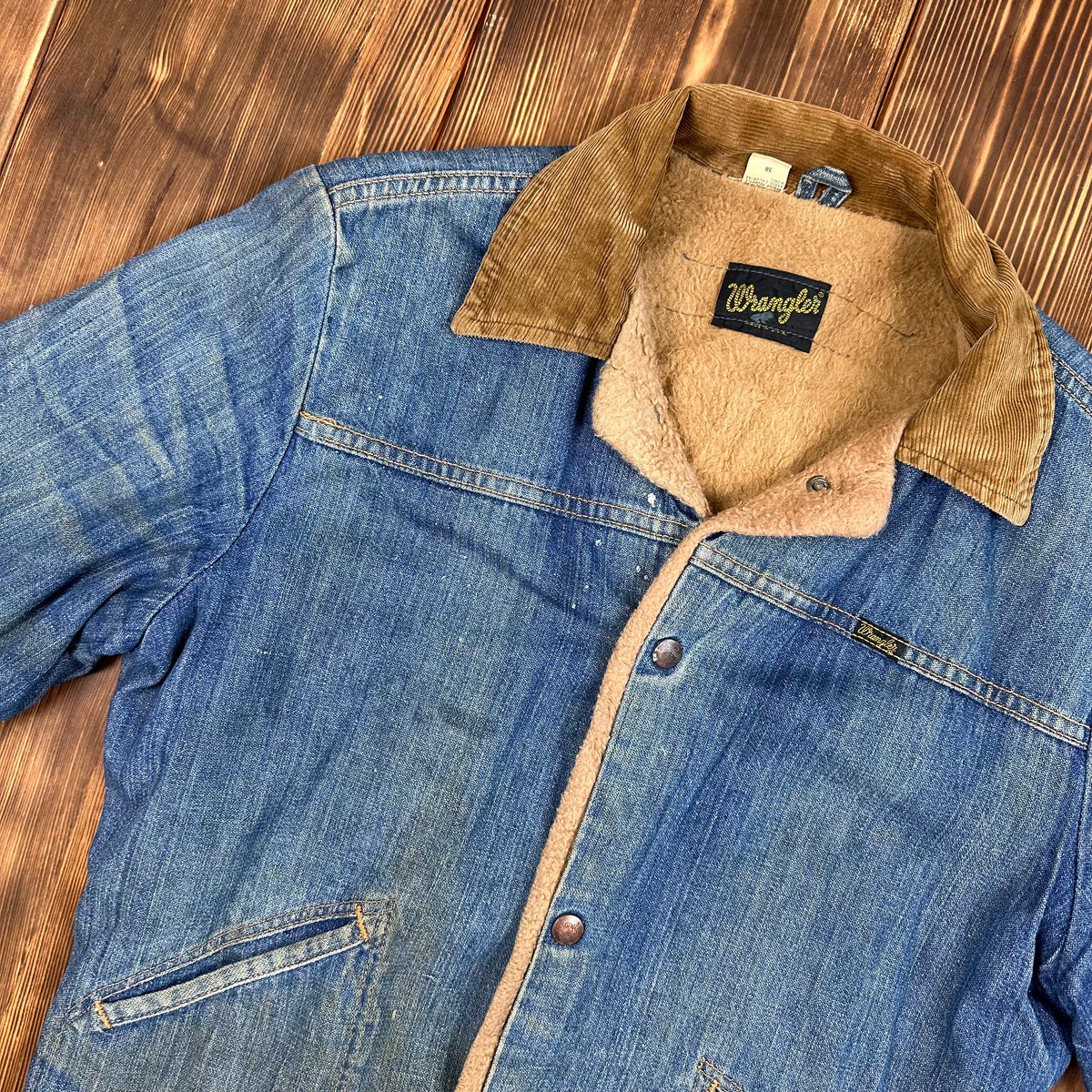 70s wrangler pile lined corduroy collar denim jacket size 38 faded