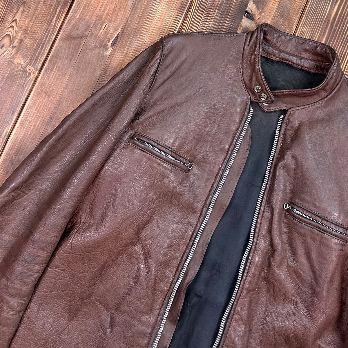 70s Cafe Racer brown leather jacket 40/42 long / large
