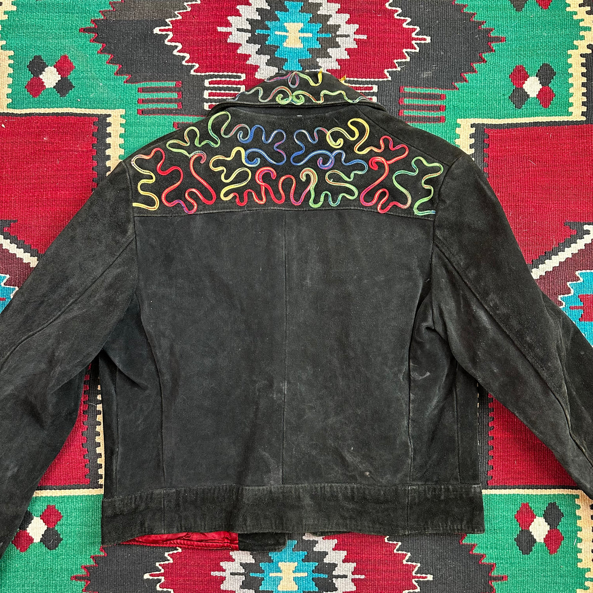 60s black suede with piping detail western trucker style cropped jacket Cabretta Leather
