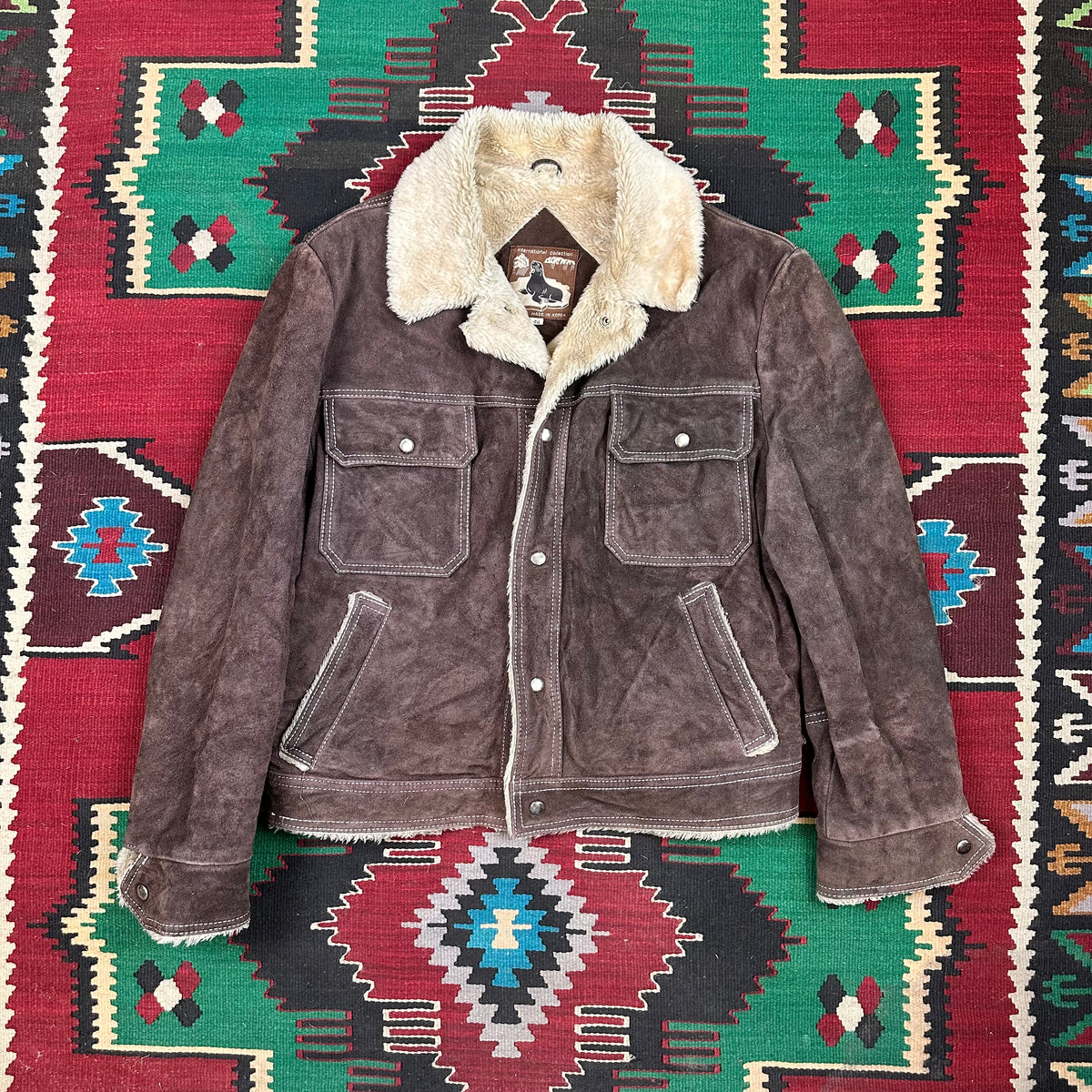 70s chocolate brown suede pile lined Sherpa trucker jacket tagged 44 fits large