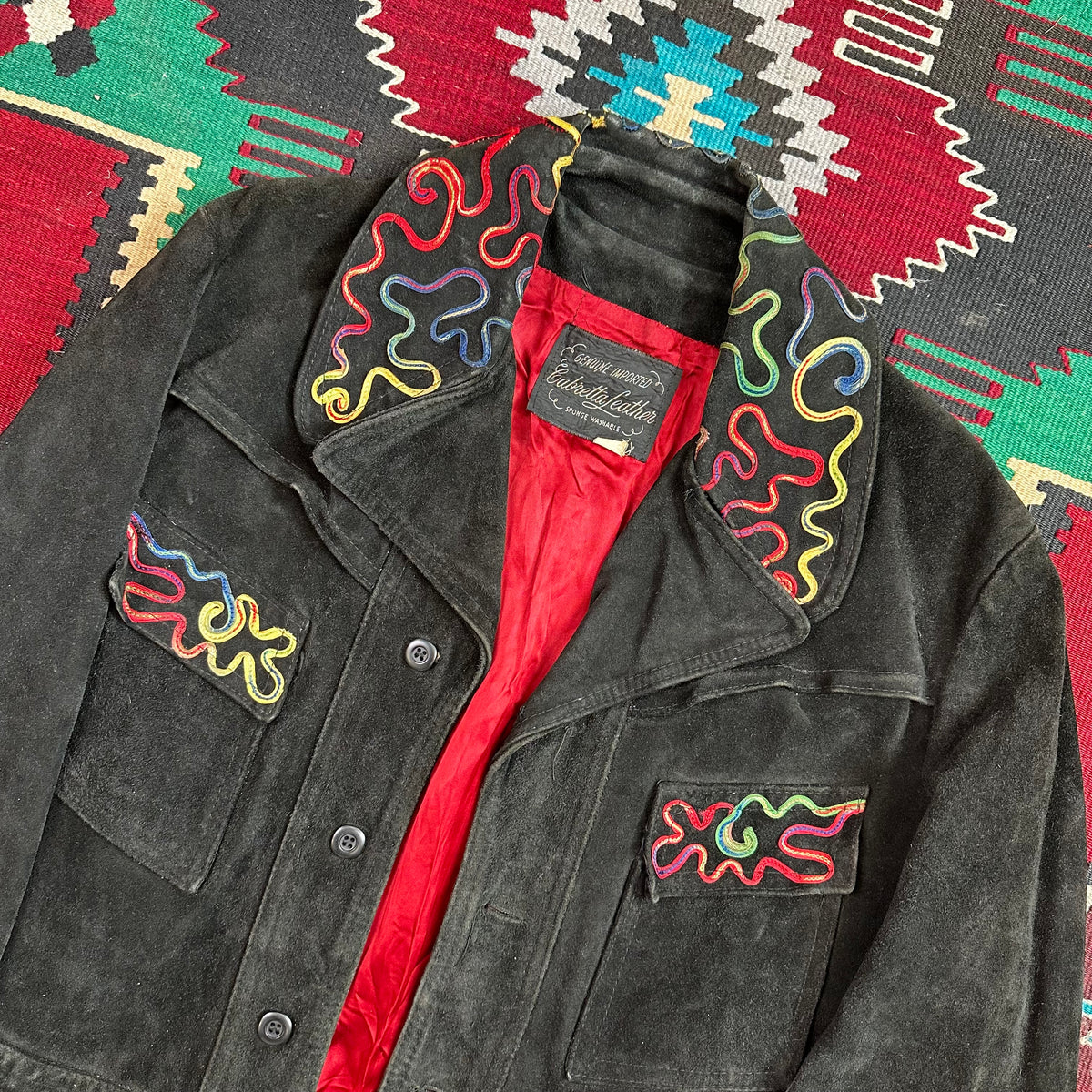 60s black suede with piping detail western trucker style cropped jacket Cabretta Leather