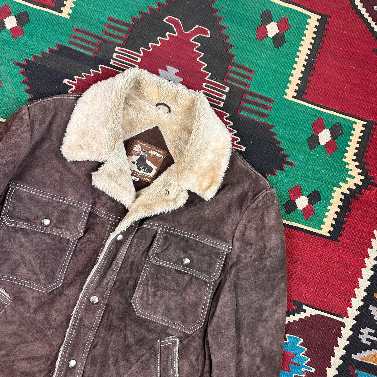70s chocolate brown suede pile lined Sherpa trucker jacket tagged 44 fits large