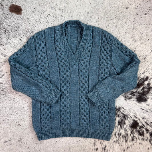Hand made v neck teal blue cable knit sweater small