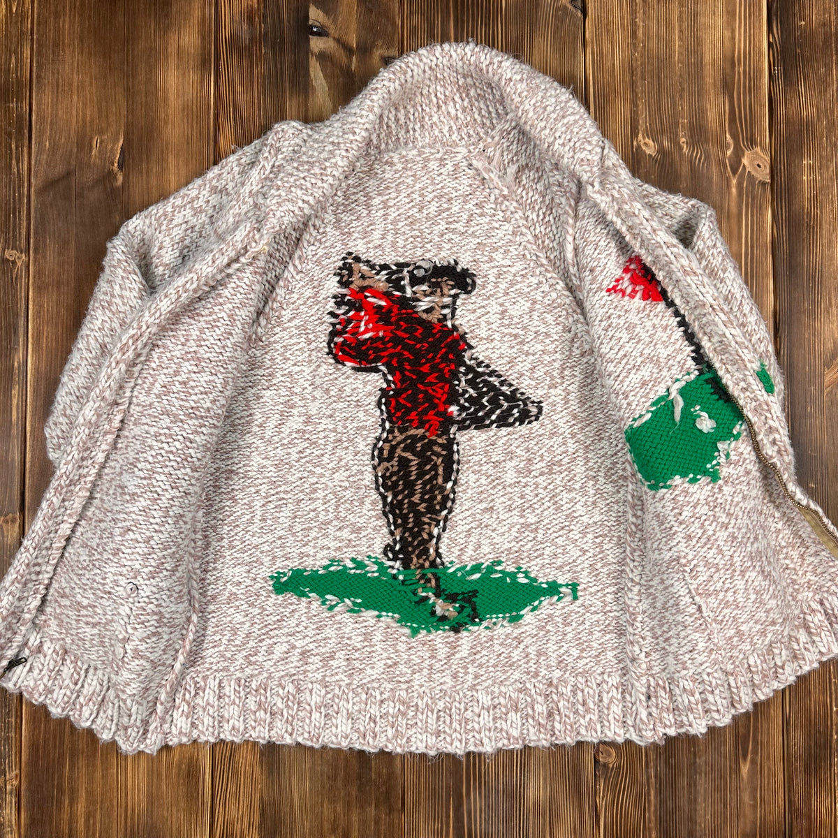 Golf motif Cowichan style shawl collar zipper sweater medium