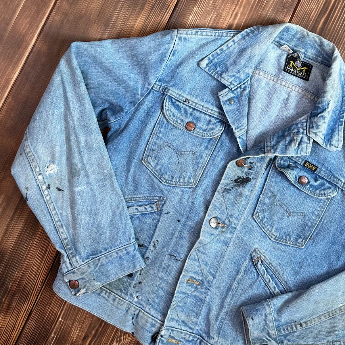 70s Maverick Blue Bell light wash selvedge denim trucker jacket tagged 38 made USA