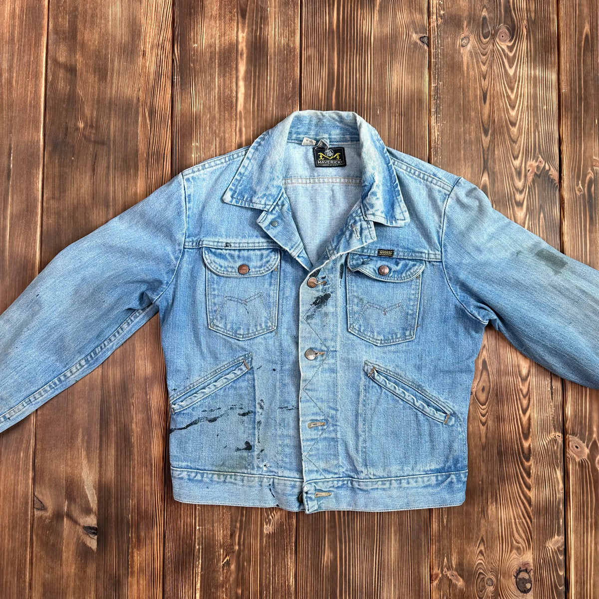 70s Maverick Blue Bell light wash selvedge denim trucker jacket tagged 38 made USA