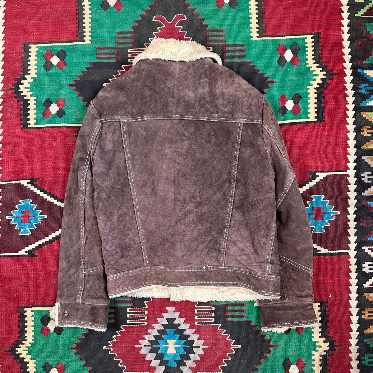 70s chocolate brown suede pile lined Sherpa trucker jacket tagged 44 fits large
