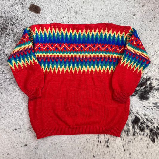 Scandinavian nordic hand knit red sweater fits medium