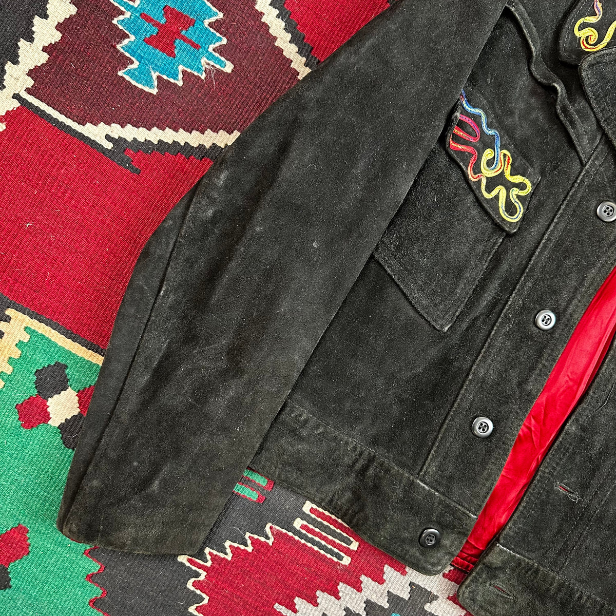 60s black suede with piping detail western trucker style cropped jacket Cabretta Leather