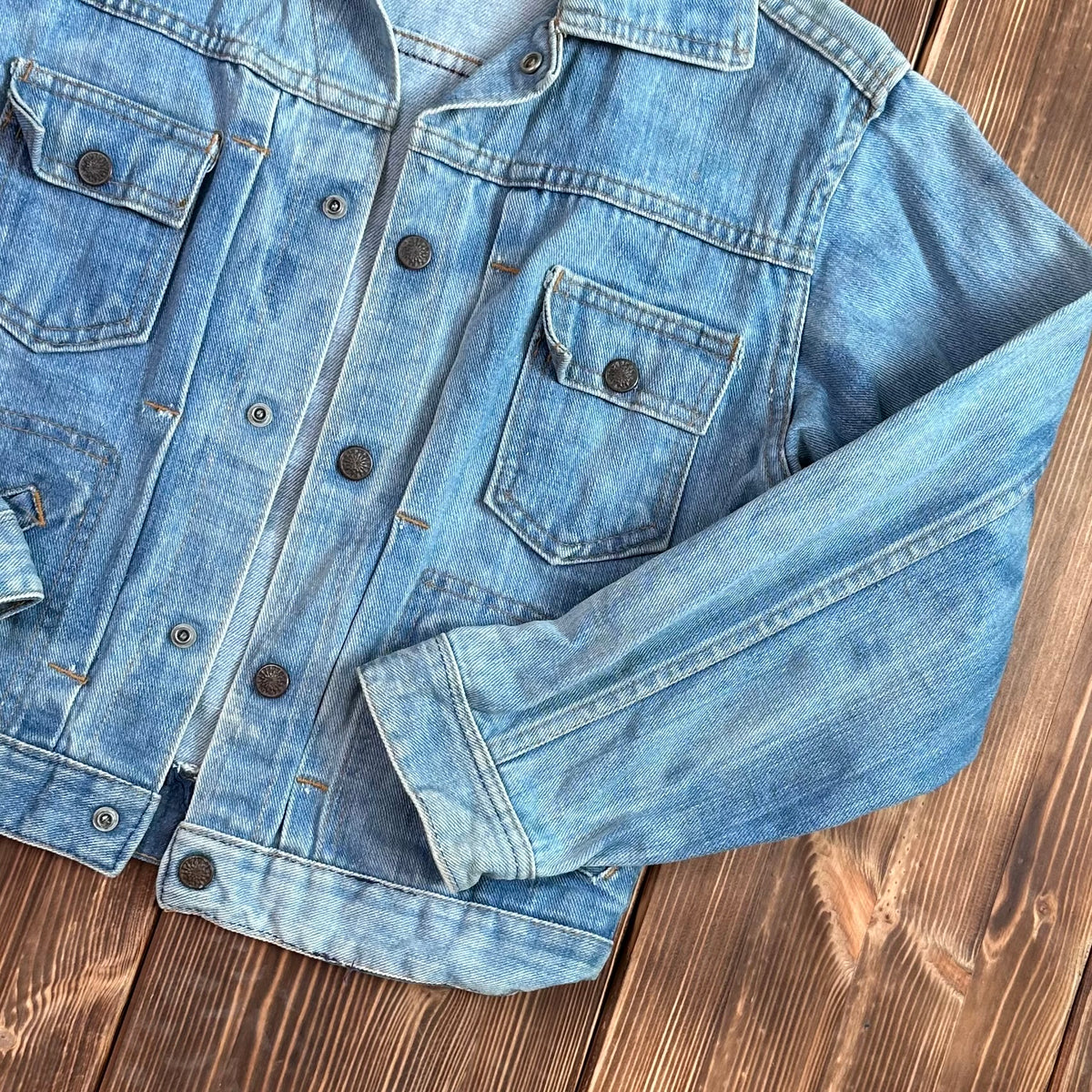 Ely type 2 style pleated front selvedge denim jean jacket bleached size XS 60s/70s