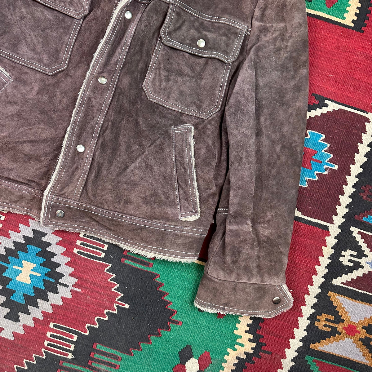 70s chocolate brown suede pile lined Sherpa trucker jacket tagged 44 fits large
