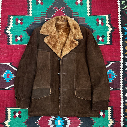 70s chocolate brown suede pile lined coat tagged 40R fits medium