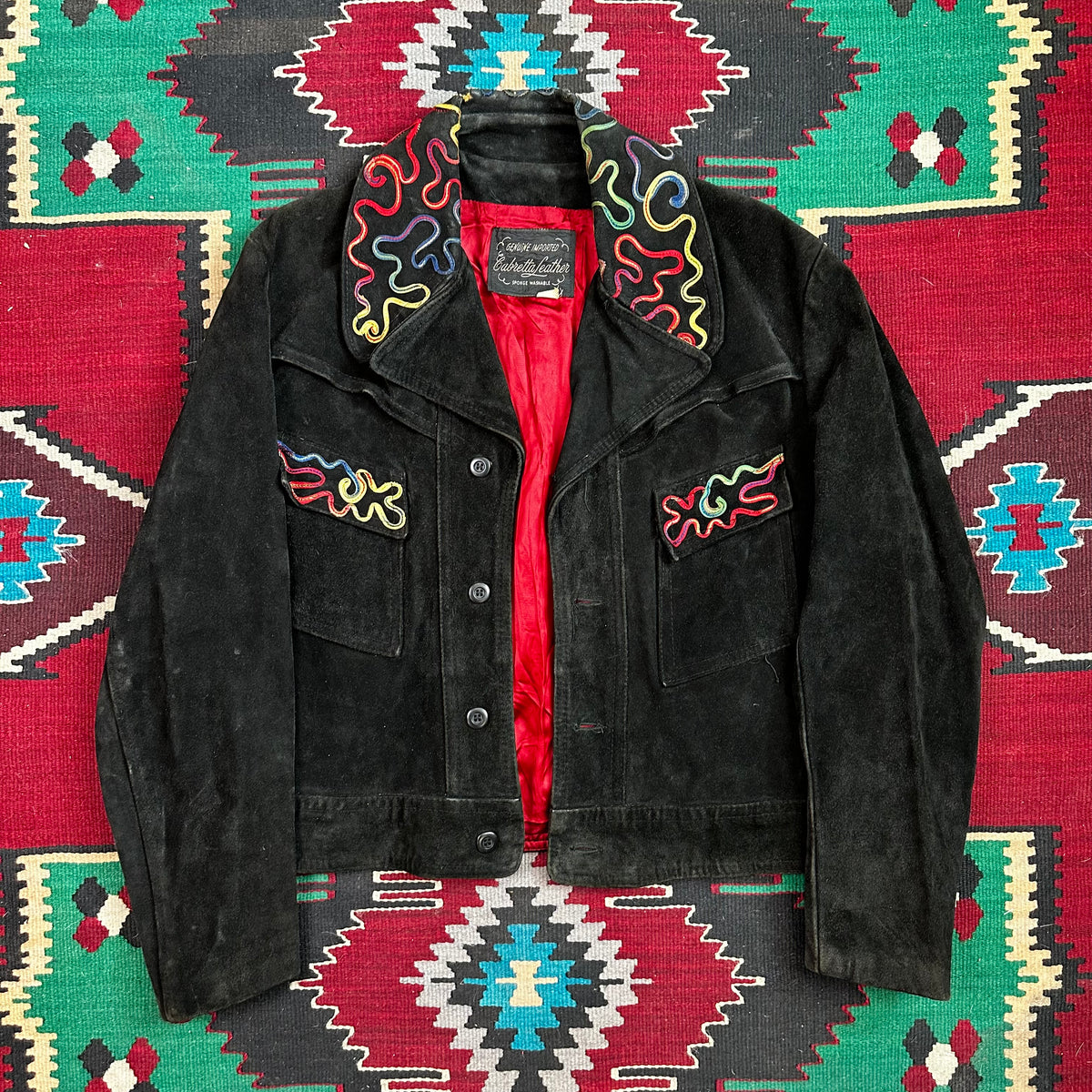 60s black suede with piping detail western trucker style cropped jacket Cabretta Leather