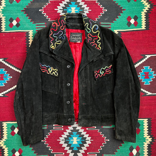 60s black suede with piping detail western trucker style cropped jacket Cabretta Leather