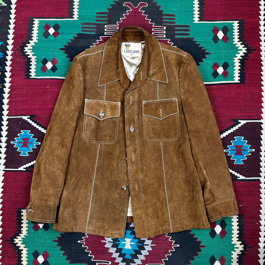 70s Lakeland brown suede long jacket western coat tagged 42 fits large