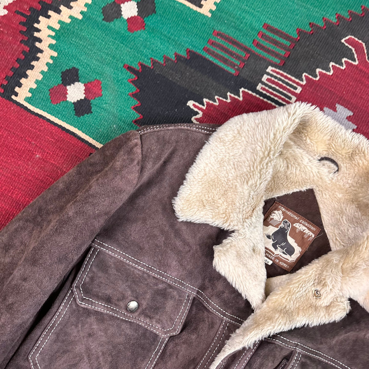 70s chocolate brown suede pile lined Sherpa trucker jacket tagged 44 fits large