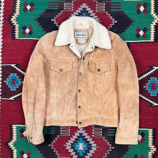 70s tan suede pile lined Sherpa trucker jacket tagged 38 fits small