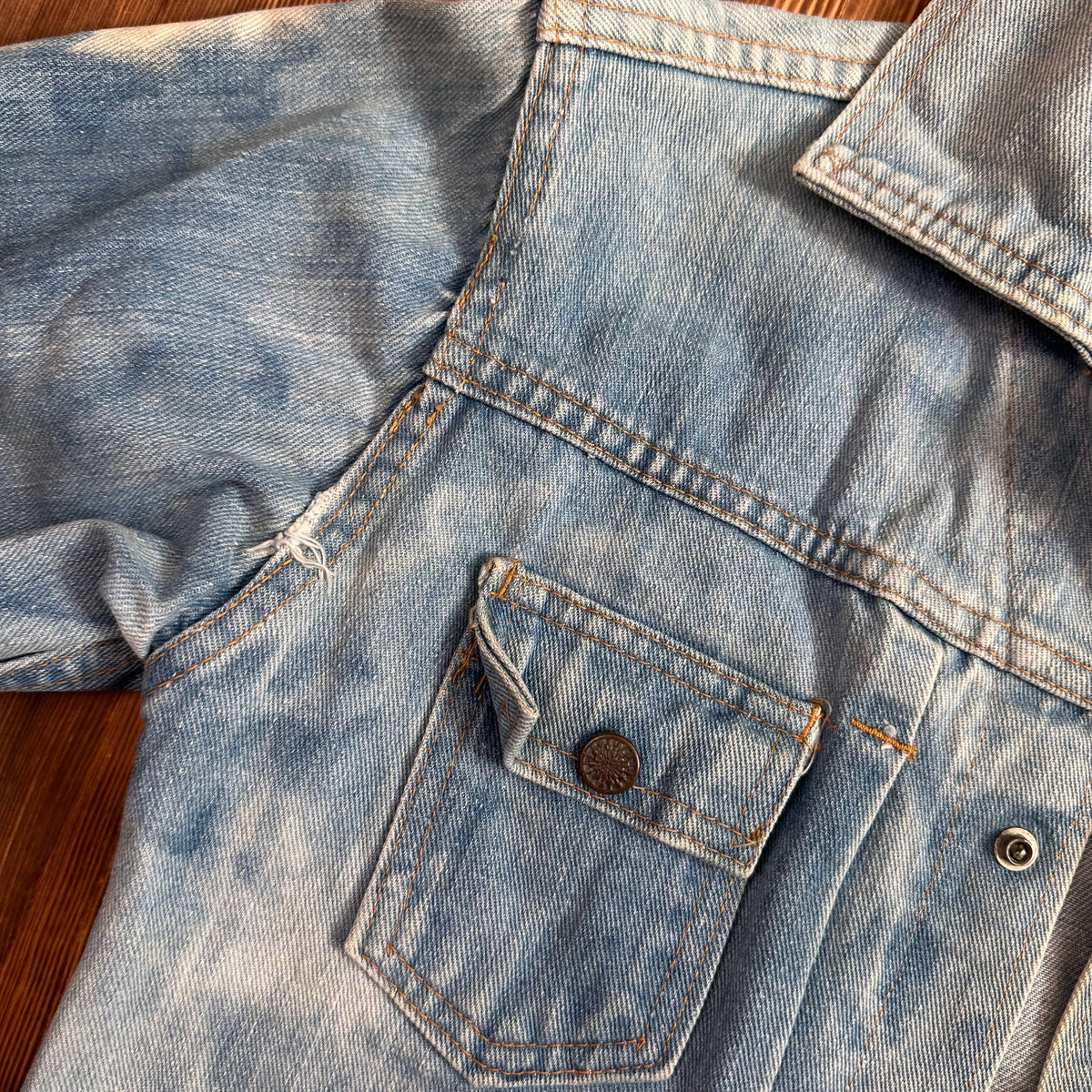 Ely type 2 style pleated front selvedge denim jean jacket bleached size XS 60s/70s