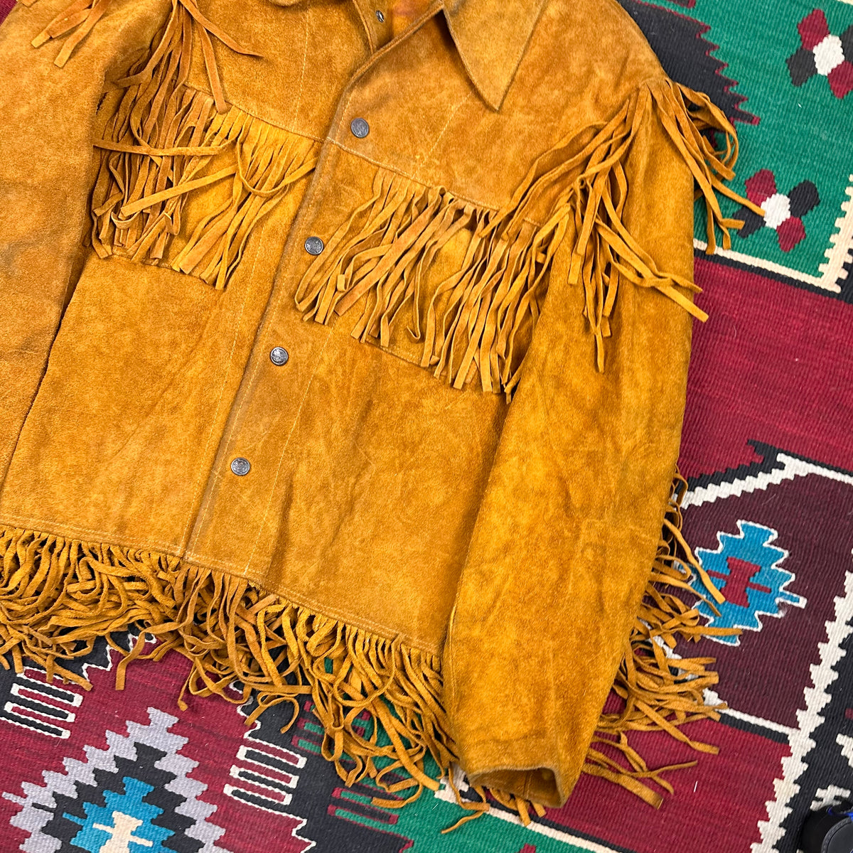 70s Antler Sportswear tan suede fringe jacket fits a tight medium