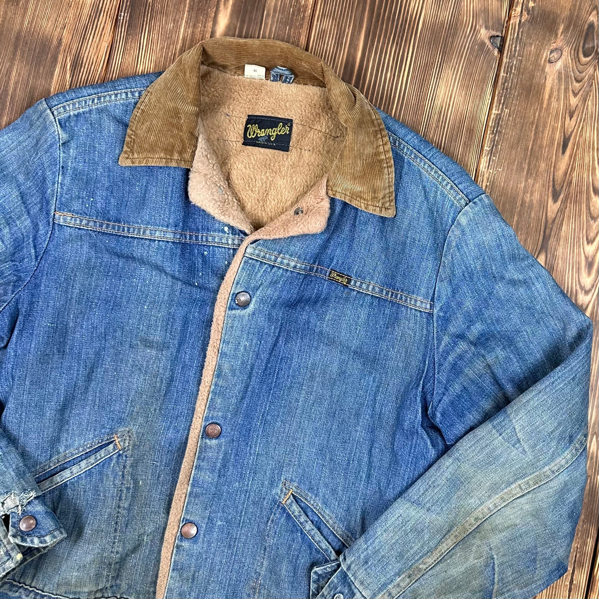 70s wrangler pile lined corduroy collar denim jacket size 38 faded