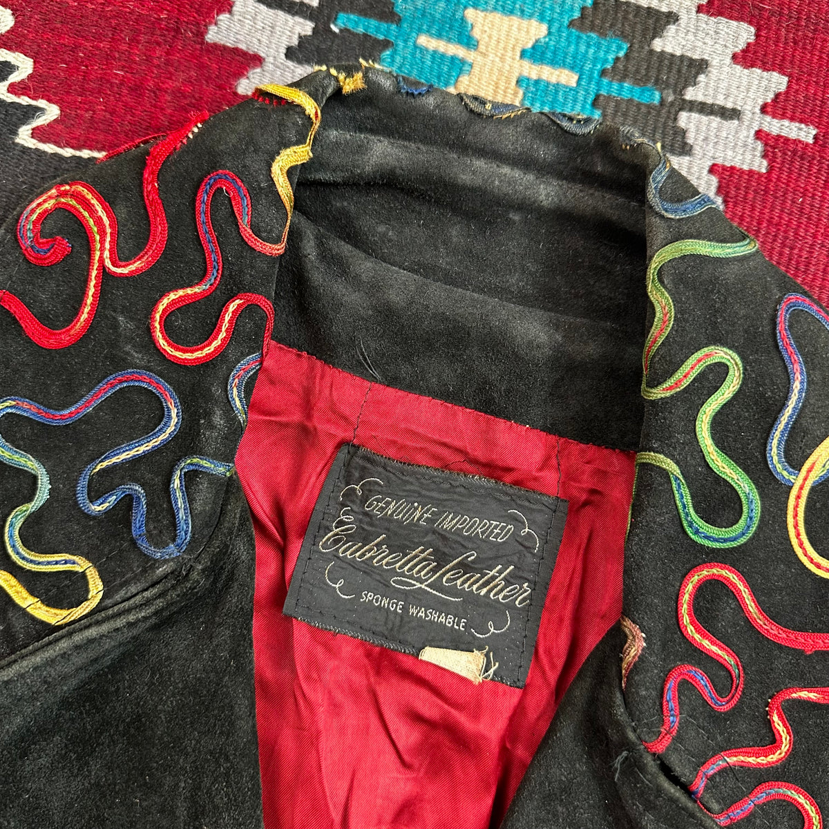 60s black suede with piping detail western trucker style cropped jacket Cabretta Leather