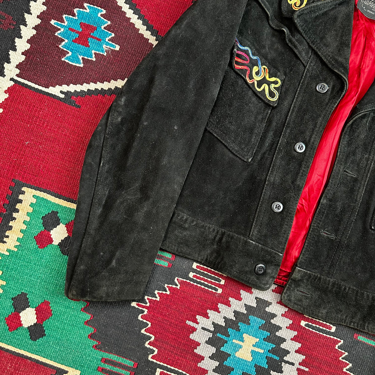 60s black suede with piping detail western trucker style cropped jacket Cabretta Leather