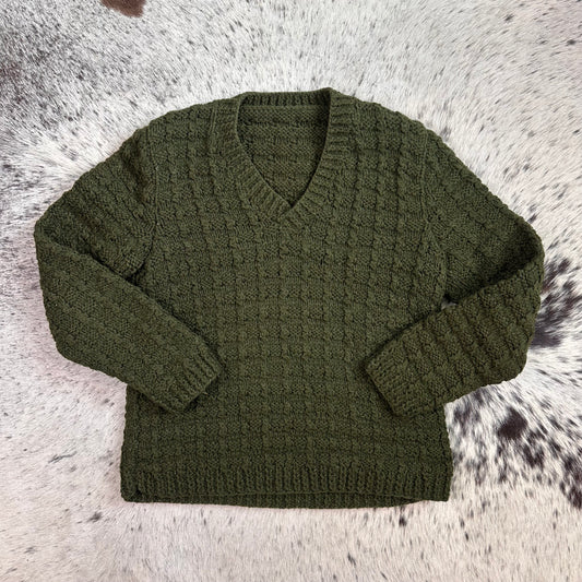 Hand knit olive green basketweave v neck sweater S/M