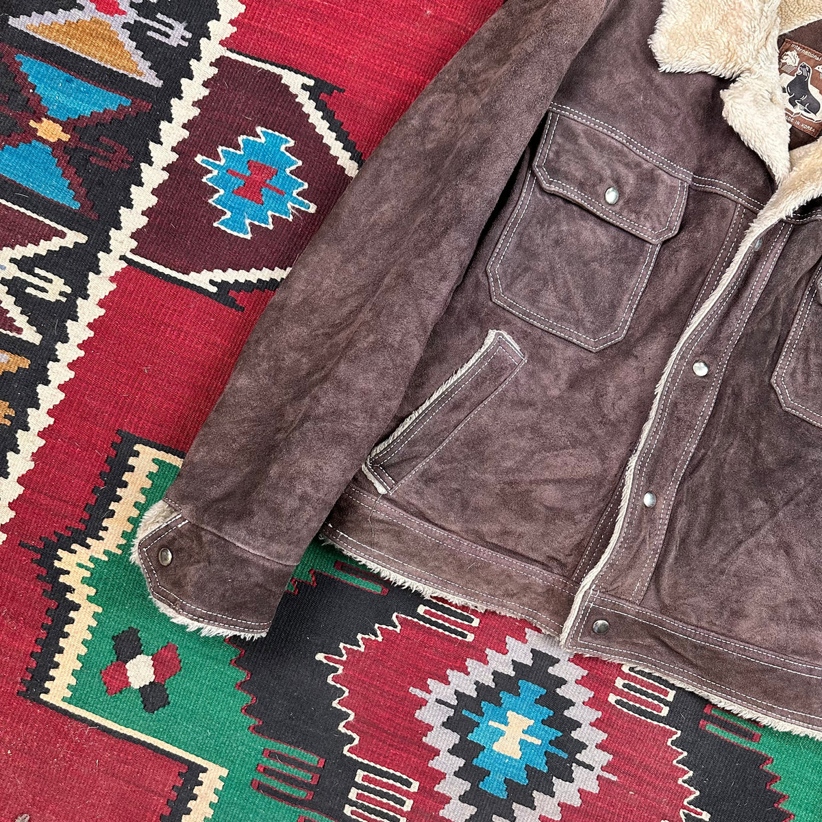 70s chocolate brown suede pile lined Sherpa trucker jacket tagged 44 fits large