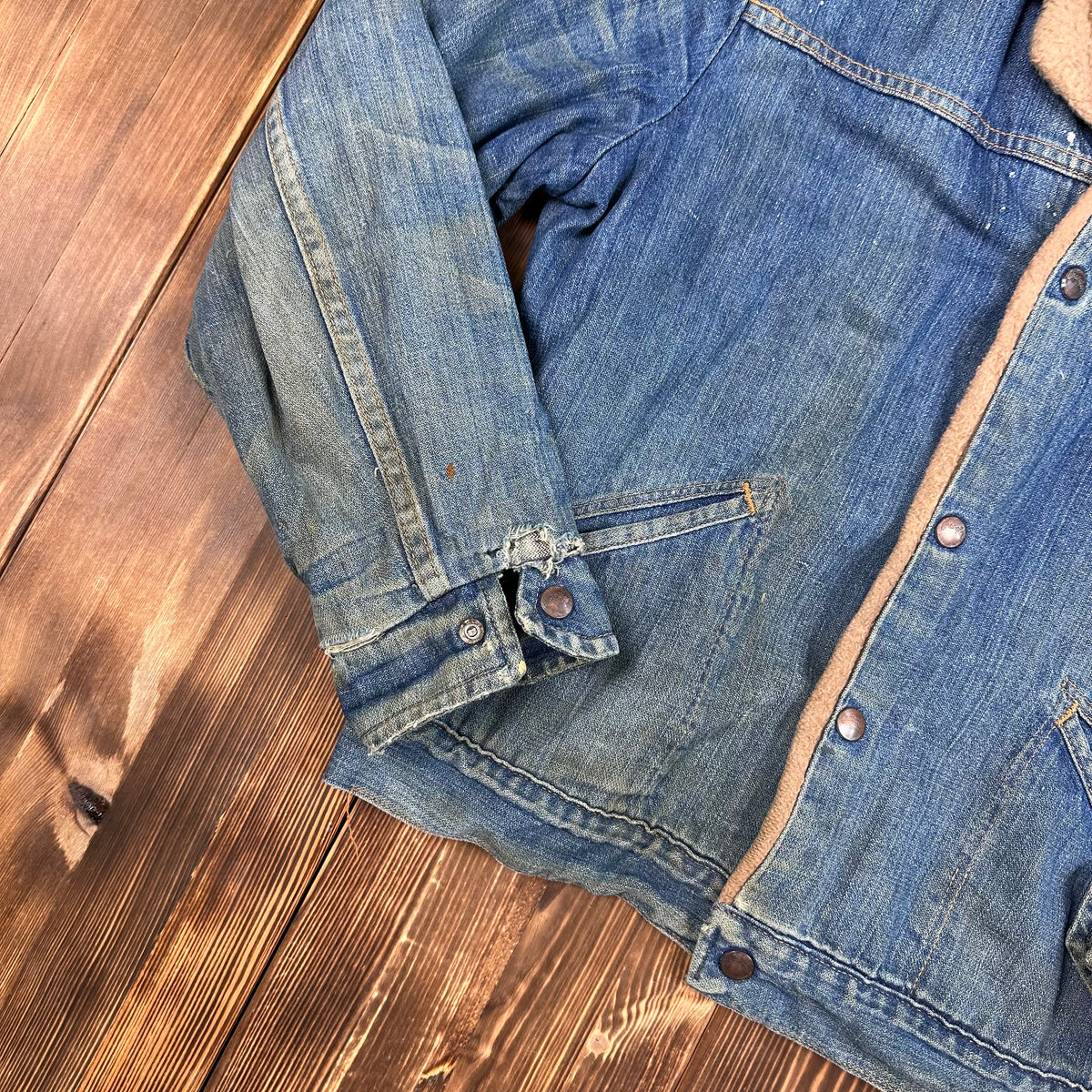70s wrangler pile lined corduroy collar denim jacket size 38 faded
