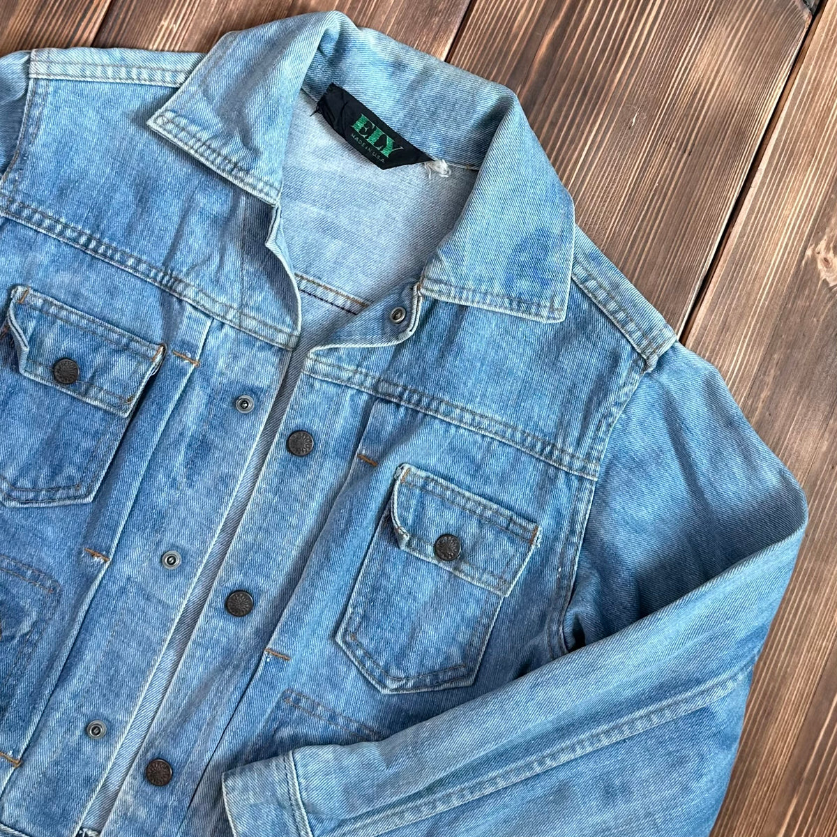 Ely type 2 style pleated front selvedge denim jean jacket bleached size XS 60s/70s