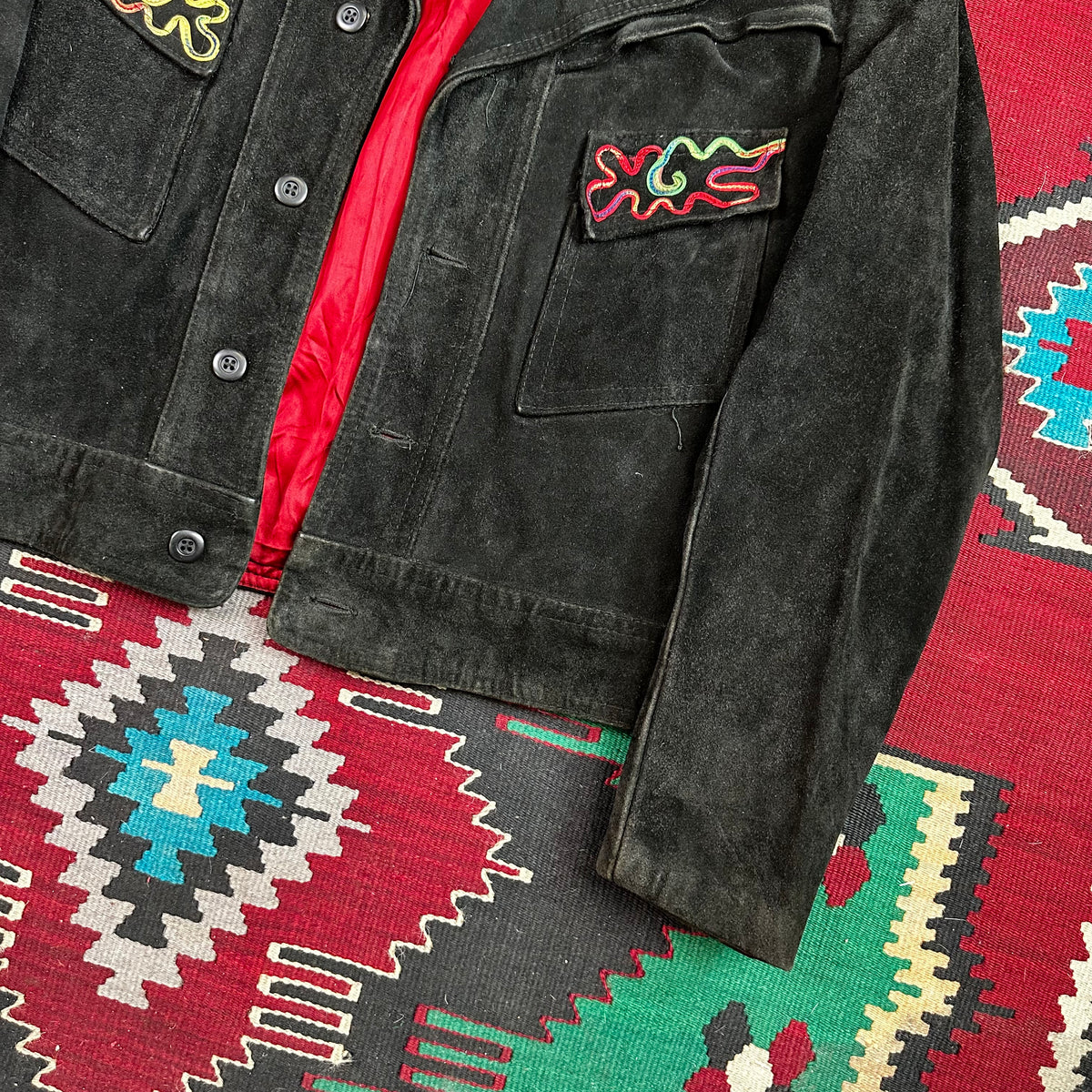 60s black suede with piping detail western trucker style cropped jacket Cabretta Leather