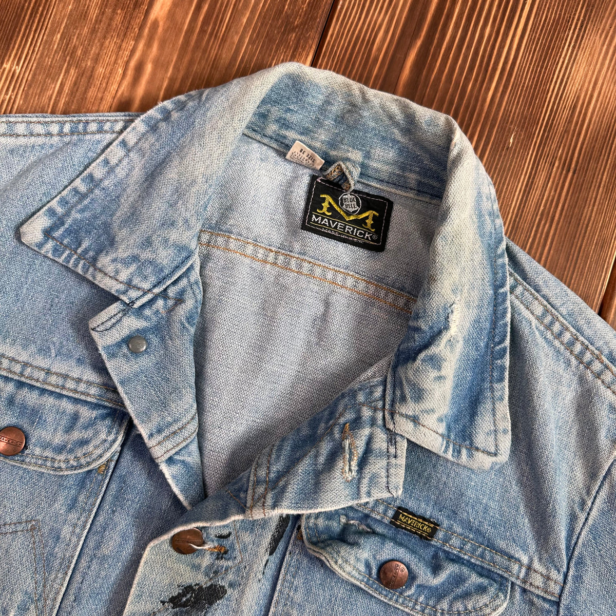 70s Maverick Blue Bell light wash selvedge denim trucker jacket tagged 38 made USA