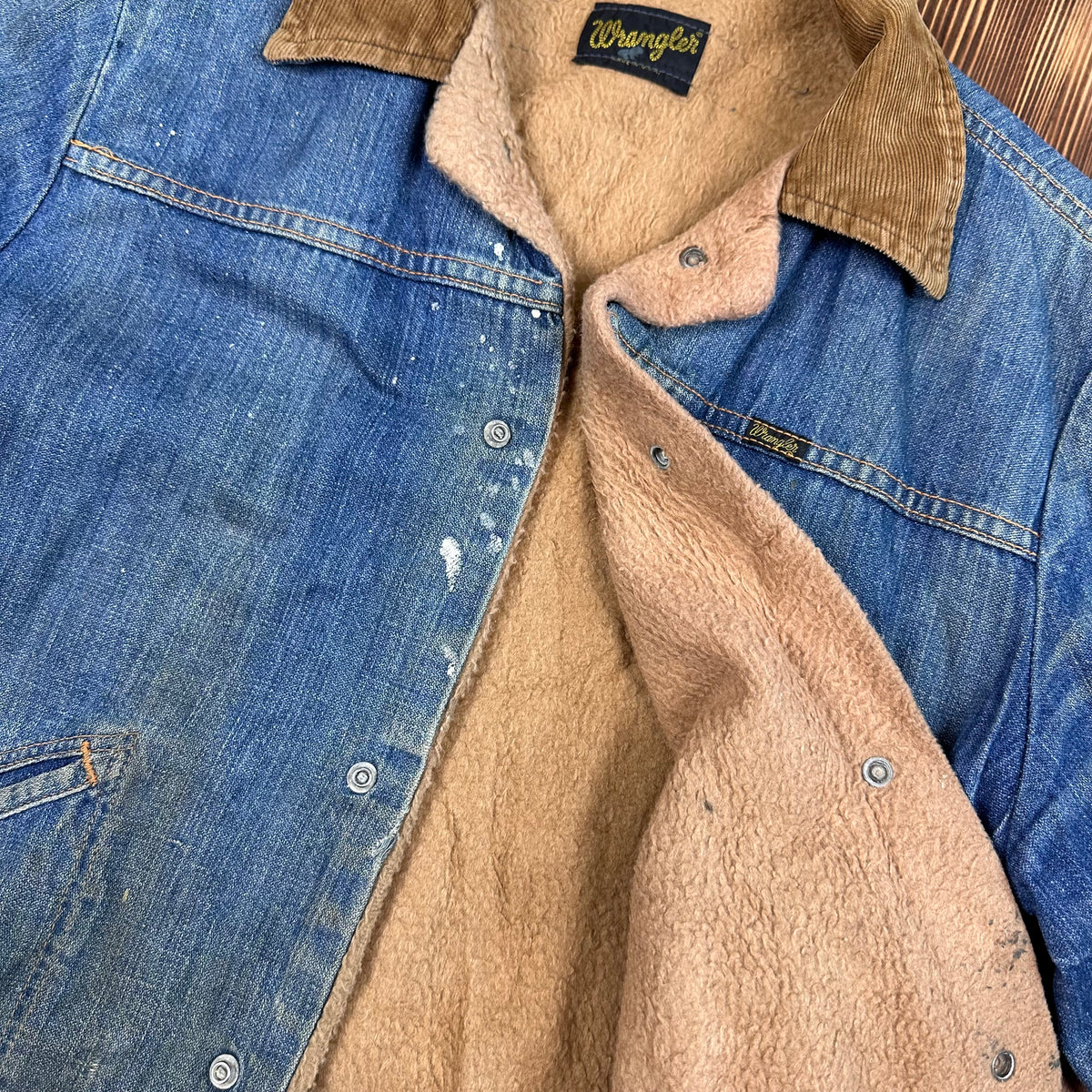 70s wrangler pile lined corduroy collar denim jacket size 38 faded