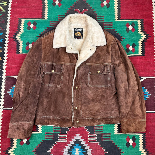 70s chocolate brown suede pile lined Sherpa trucker jacket tagged 46 fits XL made in Canada