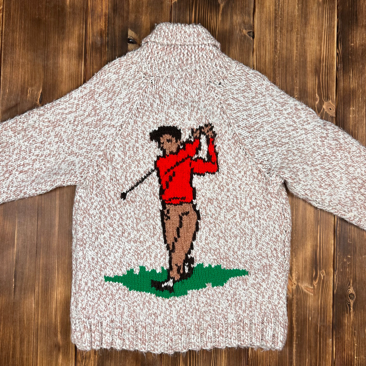 Golf motif Cowichan style shawl collar zipper sweater medium