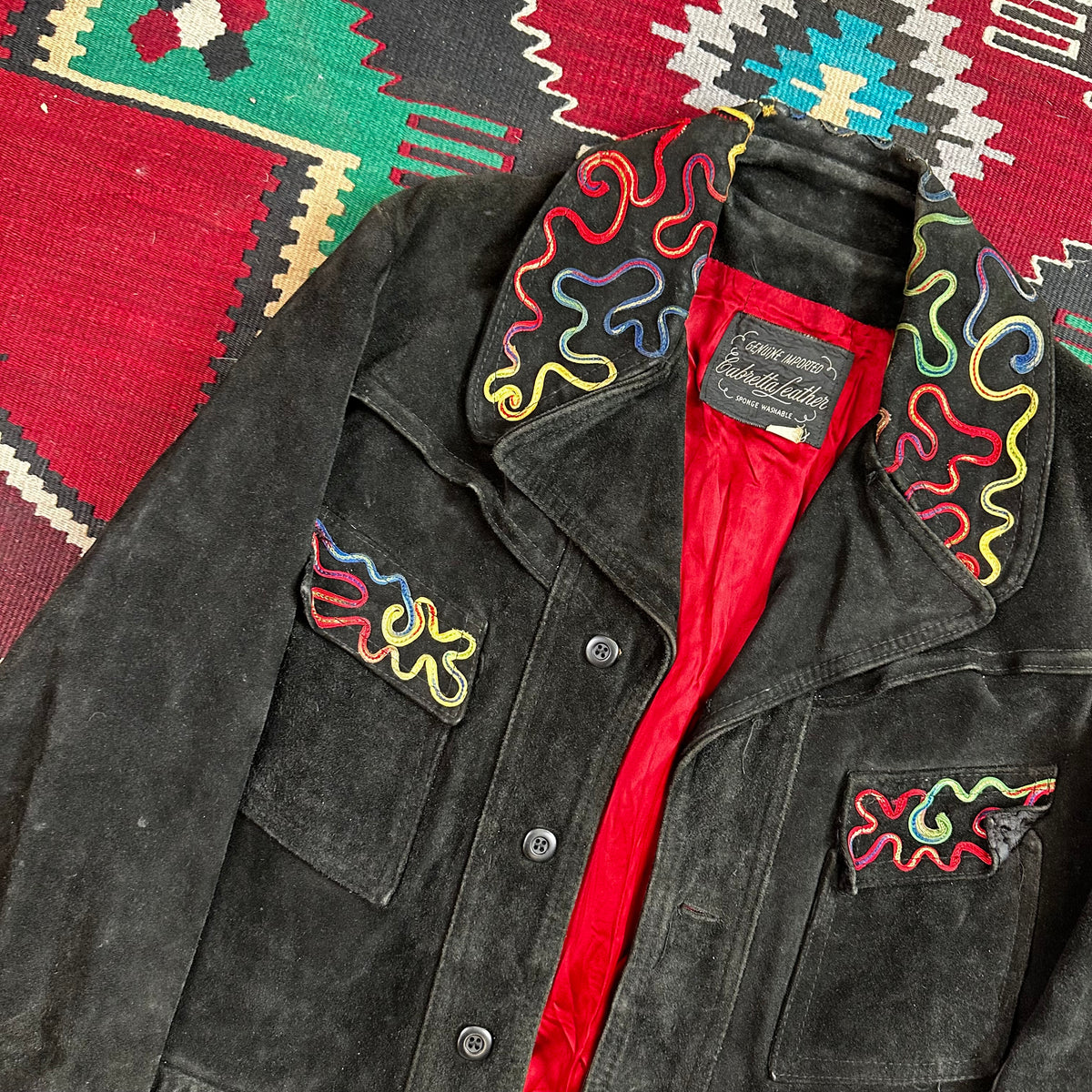 60s black suede with piping detail western trucker style cropped jacket Cabretta Leather