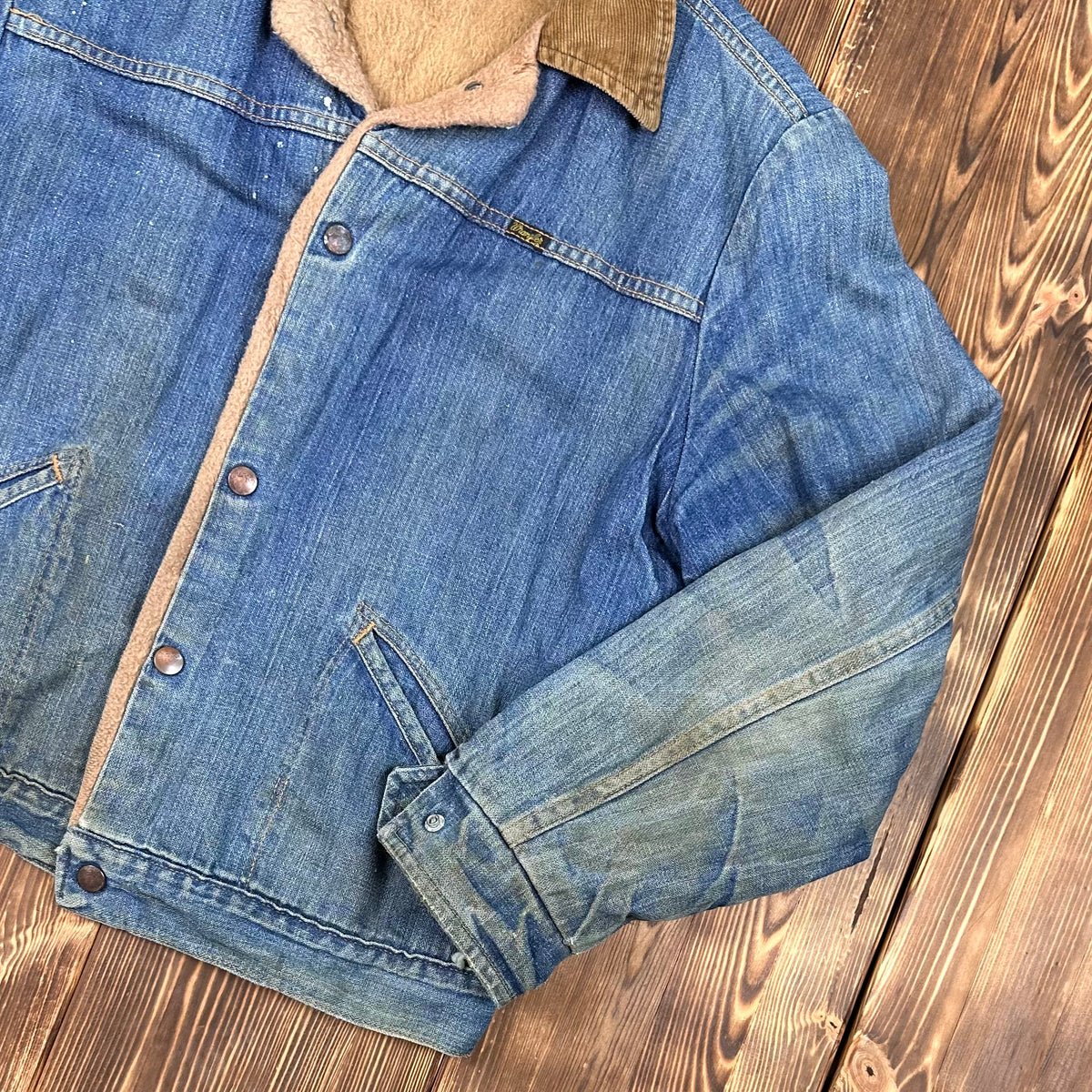 70s wrangler pile lined corduroy collar denim jacket size 38 faded