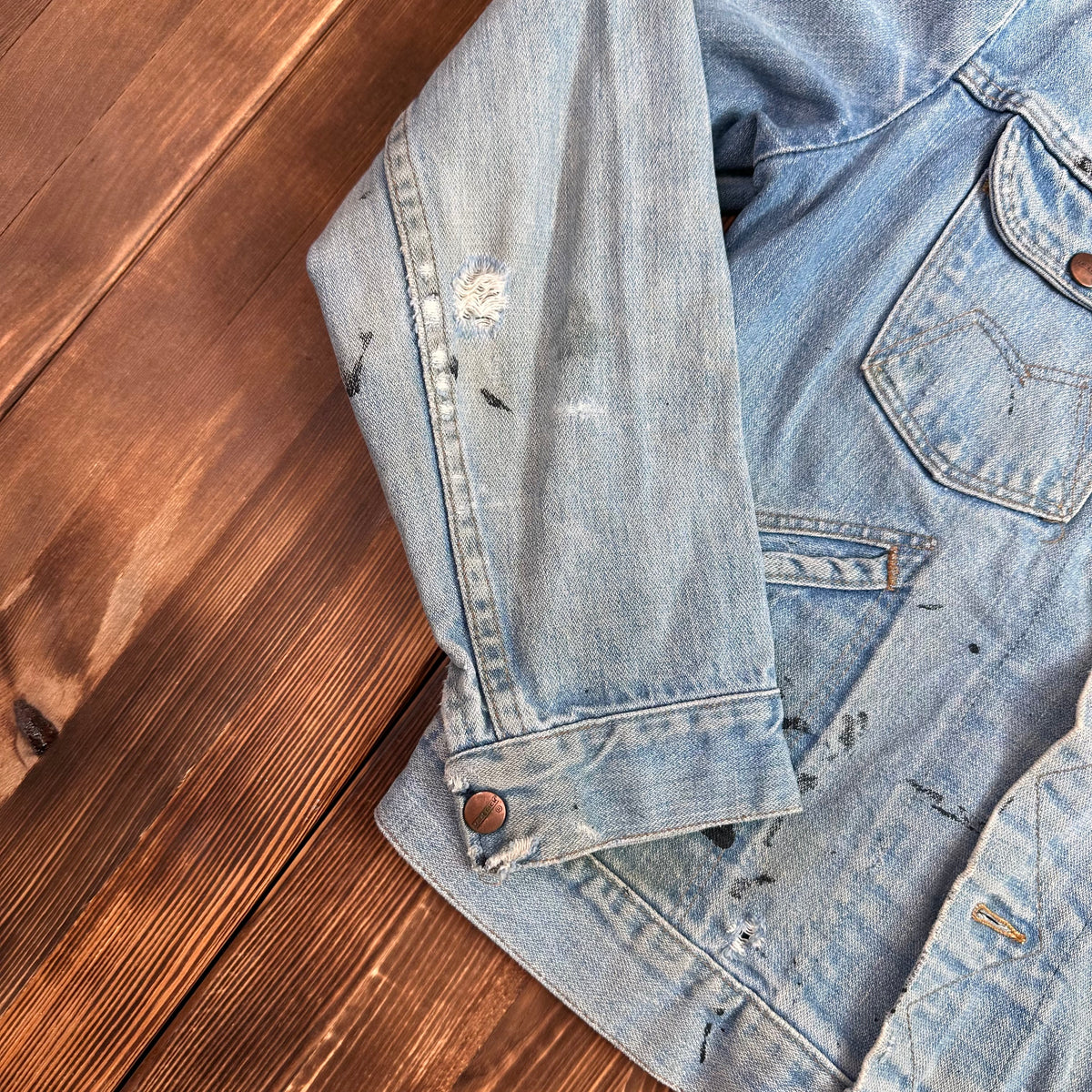 70s Maverick Blue Bell light wash selvedge denim trucker jacket tagged 38 made USA