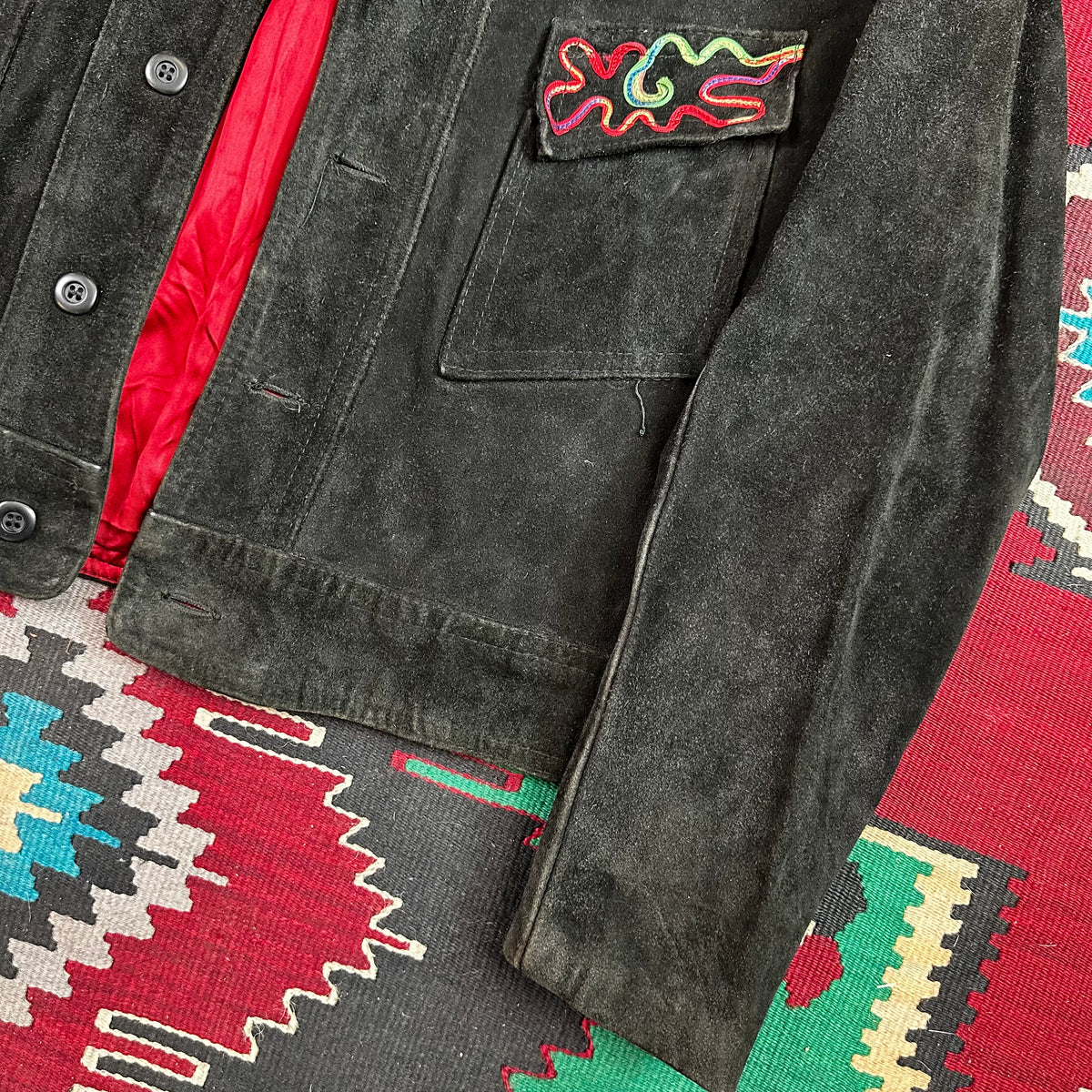 60s black suede with piping detail western trucker style cropped jacket Cabretta Leather
