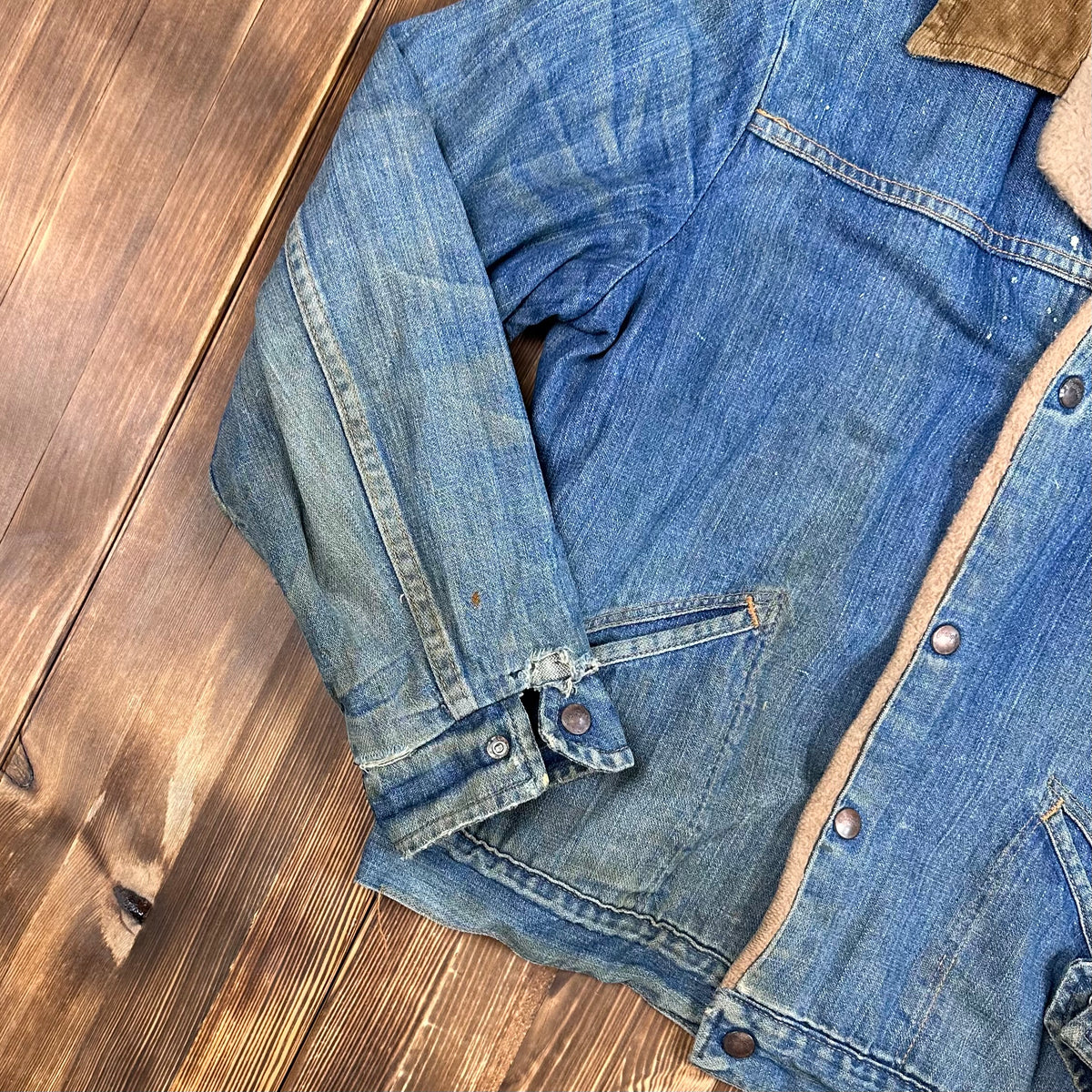 70s wrangler pile lined corduroy collar denim jacket size 38 faded