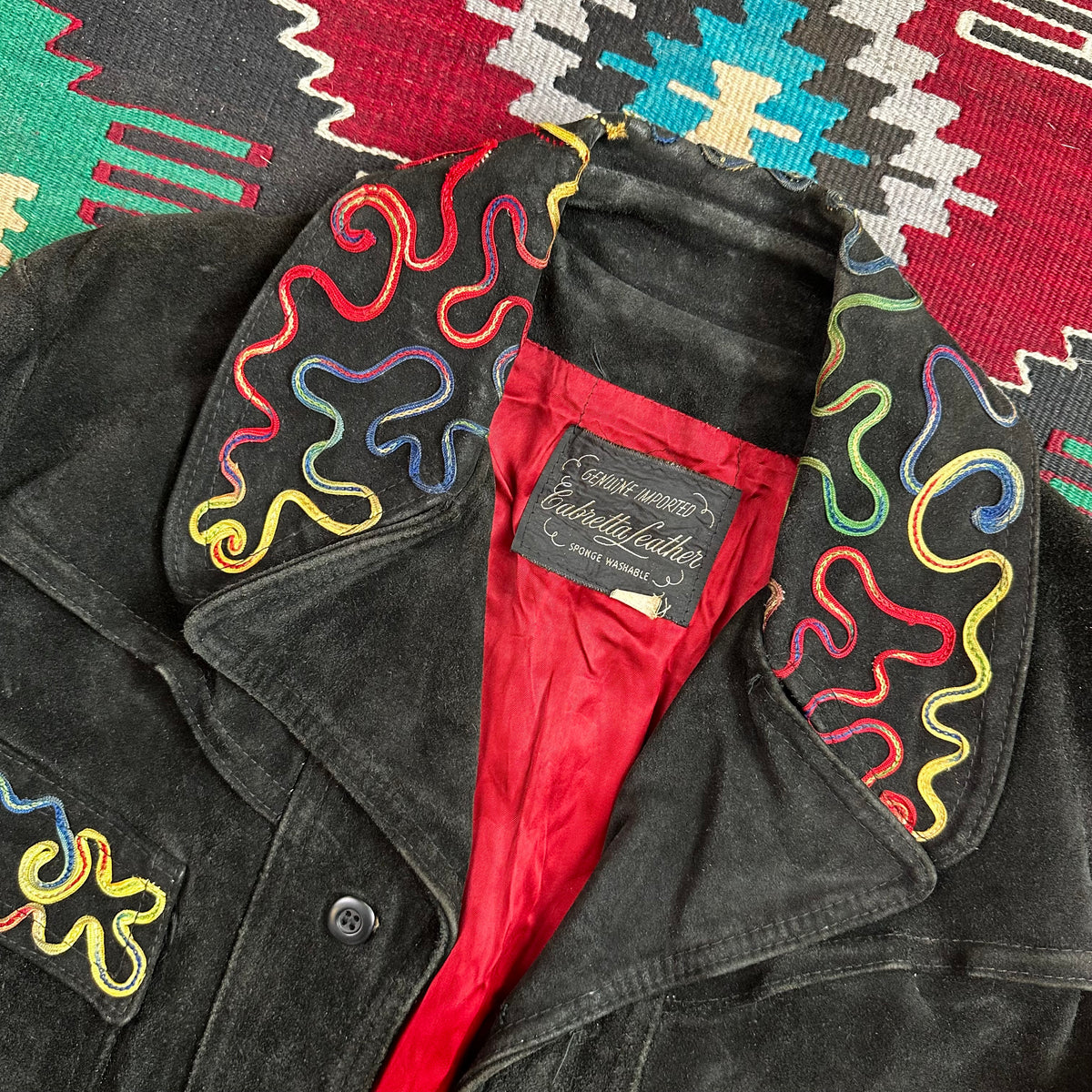 60s black suede with piping detail western trucker style cropped jacket Cabretta Leather