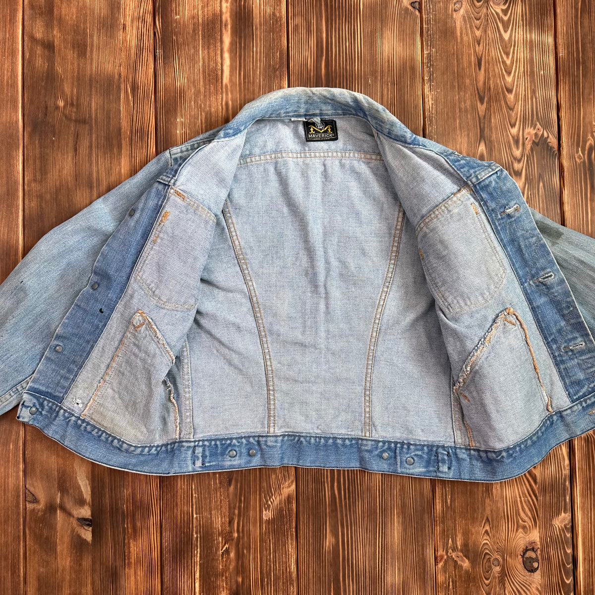 70s Maverick Blue Bell light wash selvedge denim trucker jacket tagged 38 made USA
