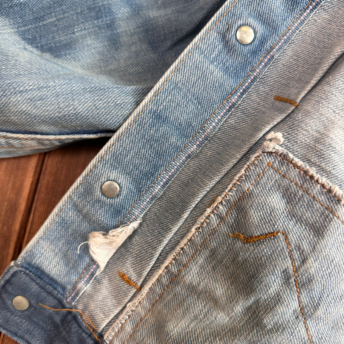 Ely type 2 style pleated front selvedge denim jean jacket bleached size XS 60s/70s