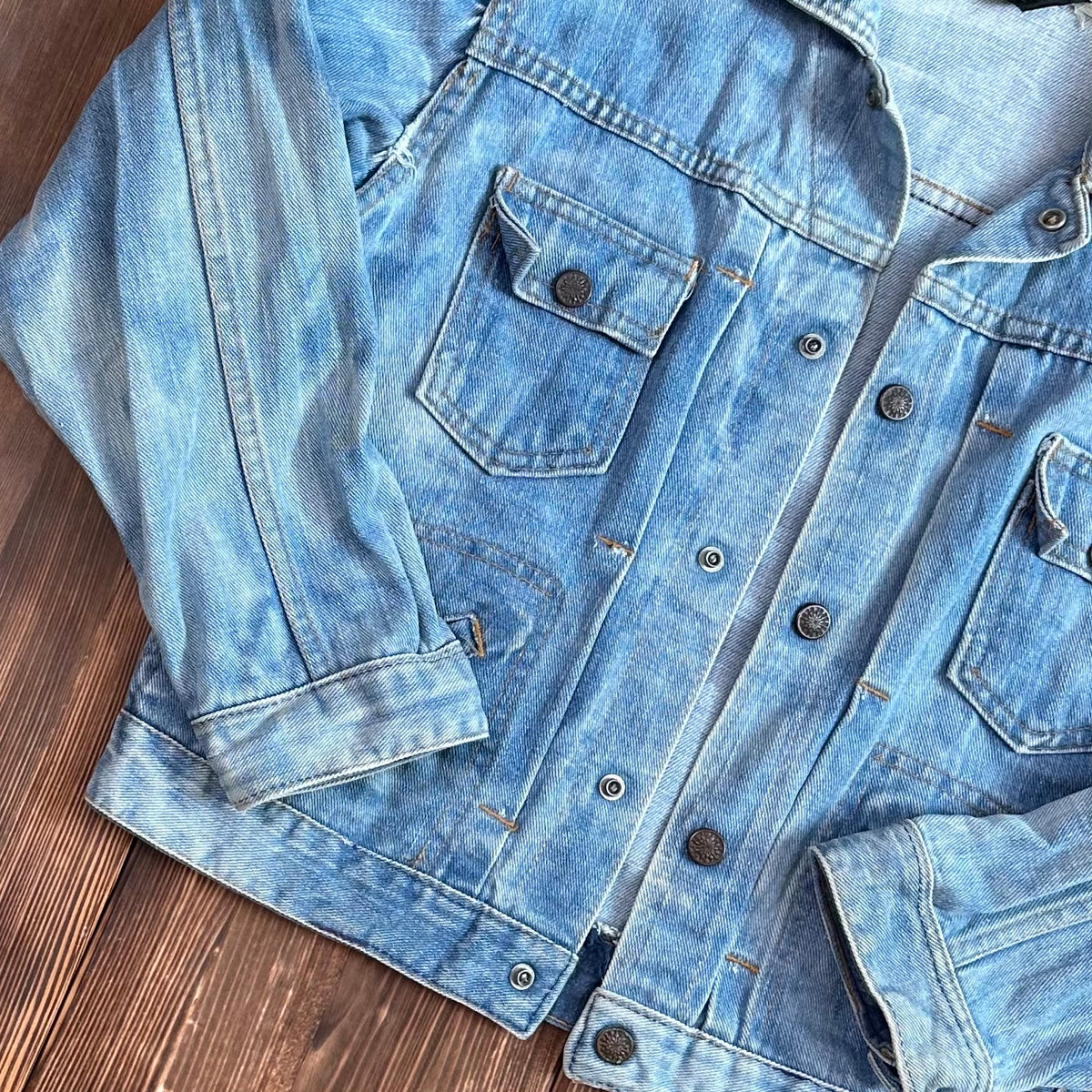 Ely type 2 style pleated front selvedge denim jean jacket bleached size XS 60s/70s
