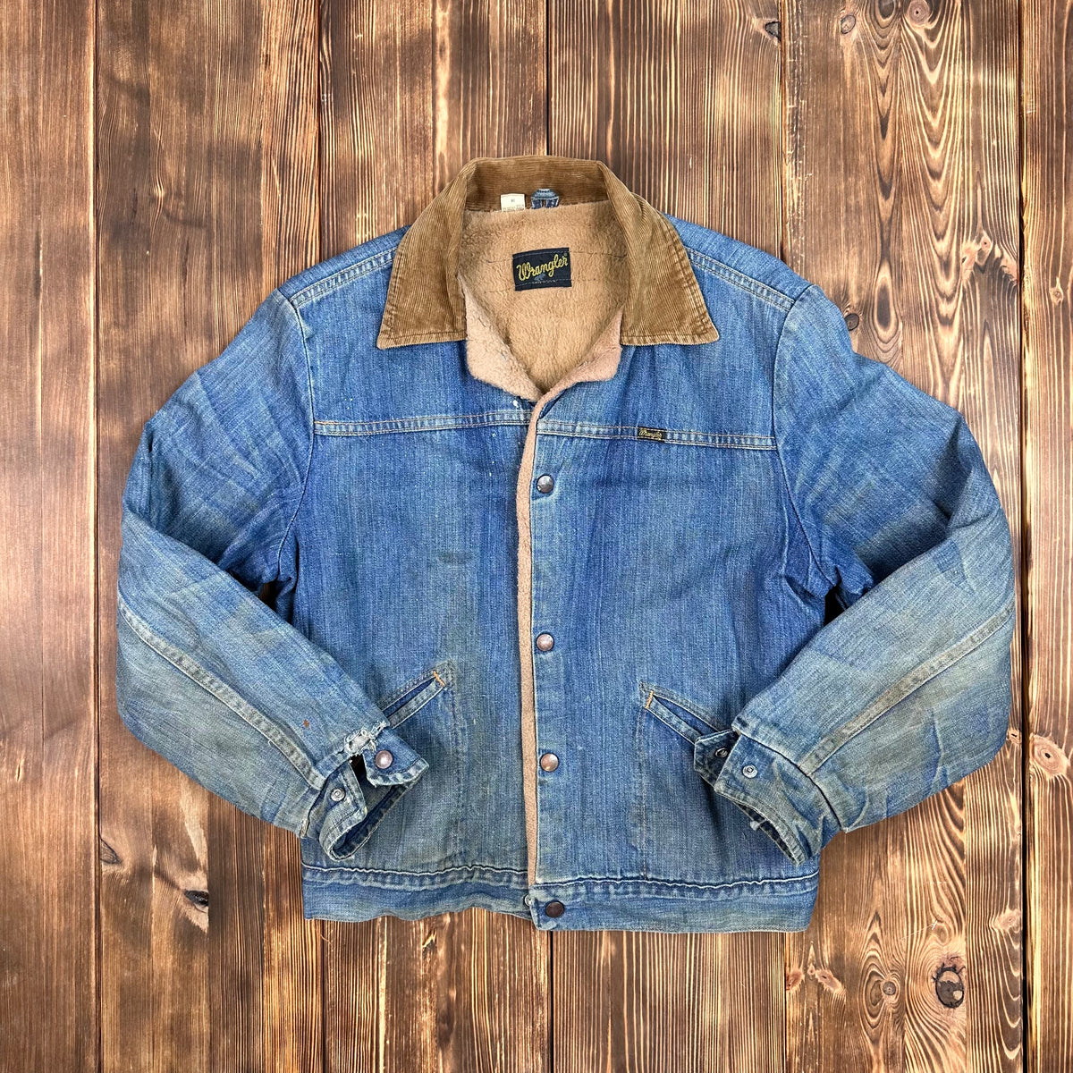70s wrangler pile lined corduroy collar denim jacket size 38 faded