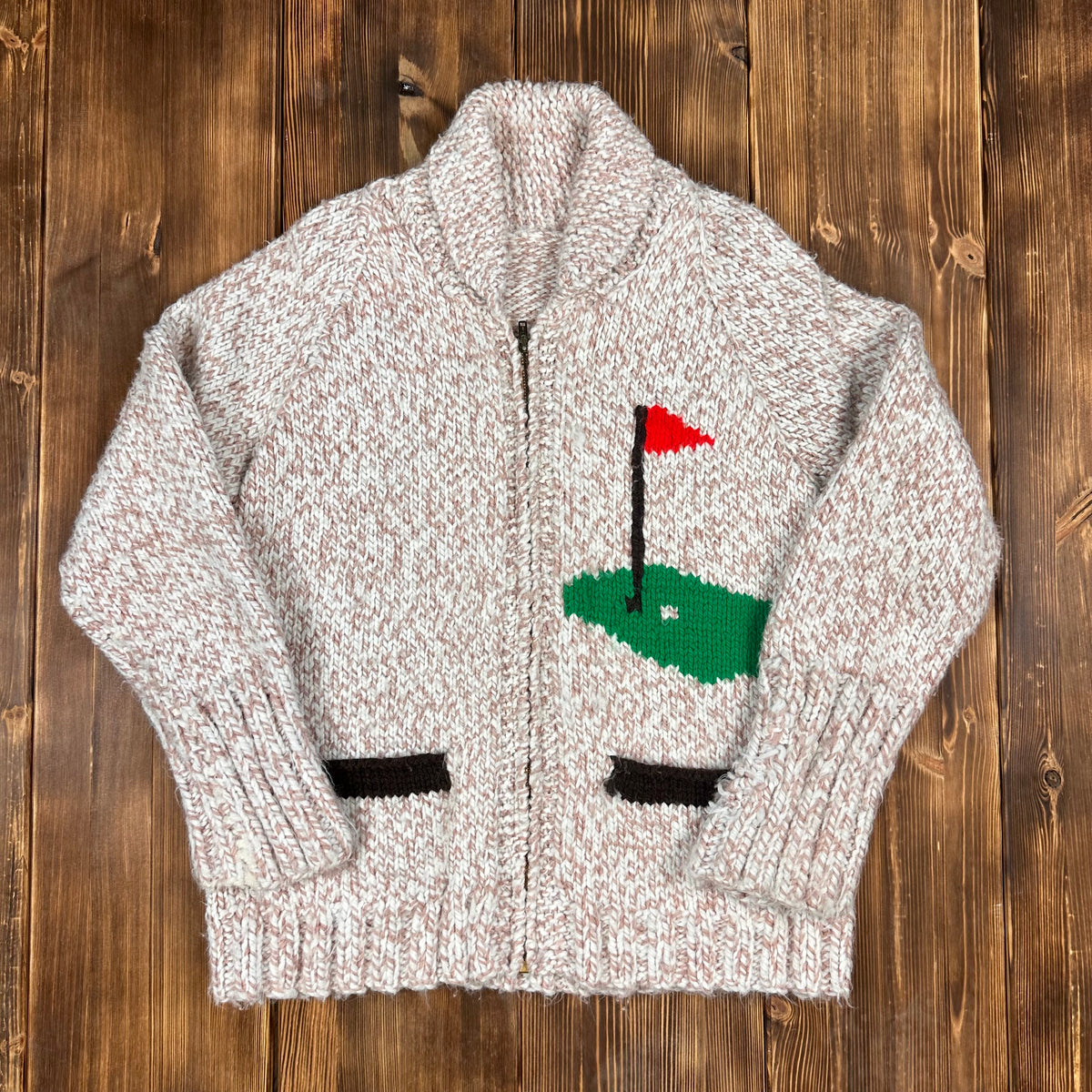Golf motif Cowichan style shawl collar zipper sweater medium